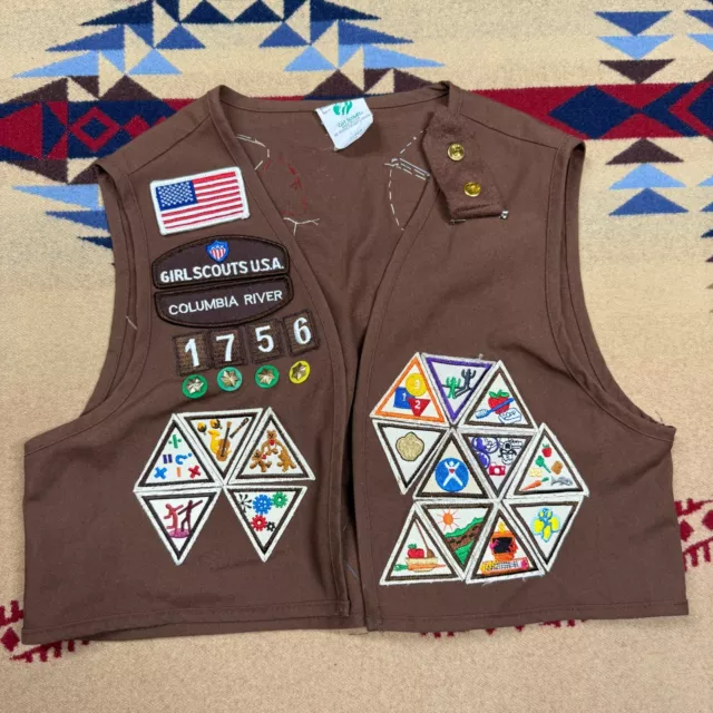Y2K Official Girl Scout Kids Brown Vest M w/ Patches USA Portland OR Columbia