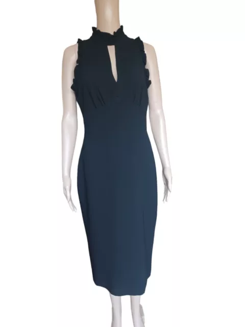 Shoshanna Womens Sleeveless Ruffled Black Midi Sheath Dress Neck Cutout Size 8