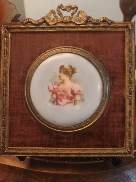 Framed Antique Miniature Portrait Of A Lady On Porcelain