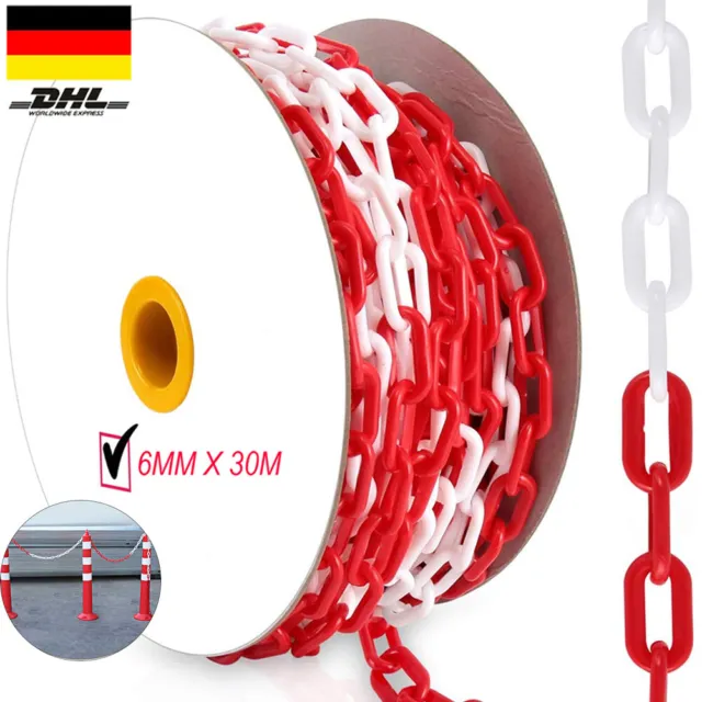 30M Absperrkette rot-weiß Plastikkette Warnkette Rundstahlkette Metall Ø6mm x30m