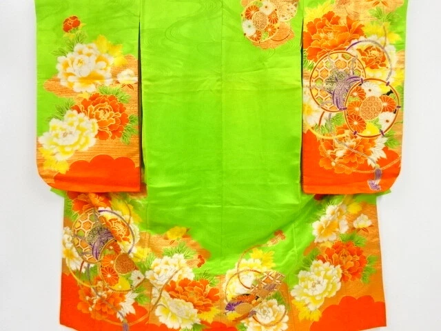 42746# Japanese Kimono / Antique Kimono For Girls / Embroidery / Peony & Flo