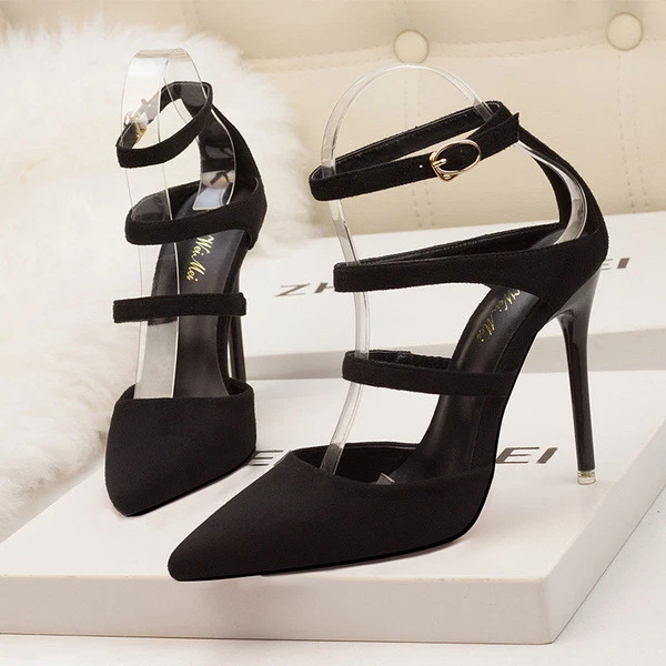 Éscarpins Sandales Femmes 11 CM Élégant Stiletto Noir Cuir Synthetique 9642