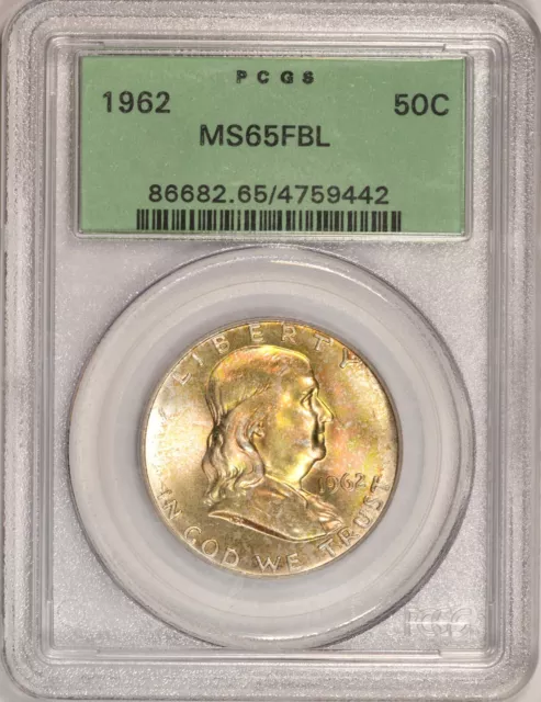 1962 Franklin Half Dollar PCGS MS65FBL Full Bell Lines Toner Nice Color AND OGH!