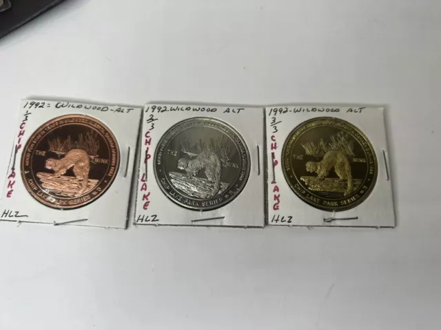 Numismatic trade dollar Chip Lake Wildwood Alberta lot of 3 1992 elk, Mink