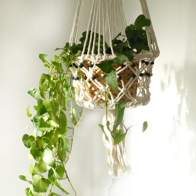 Macrame Pot Holder 77cm x 22cm Natural Colour Beads Hanging Plant Pot Macrame