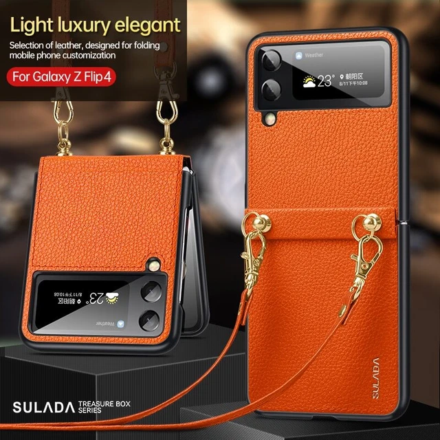Sulada Leather Full Hinge Cover for Samsung Galaxy Z Flip4 3 Strap Backpack Case