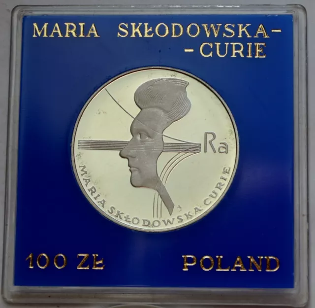 Polonia 100 zlotychs, 1974 muerte de Marie Curie Sklodowska, moneda de plata.