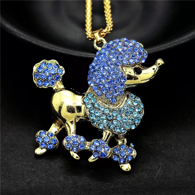 Betsey Johnson Blue Crystal Poodle Dog Rhinestone Pendant Chain Necklace Gifts