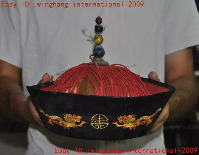 9"Ancient Chinese Qing Dynasty cloth Peacock tail gem embroidery Dragon Hat Cap