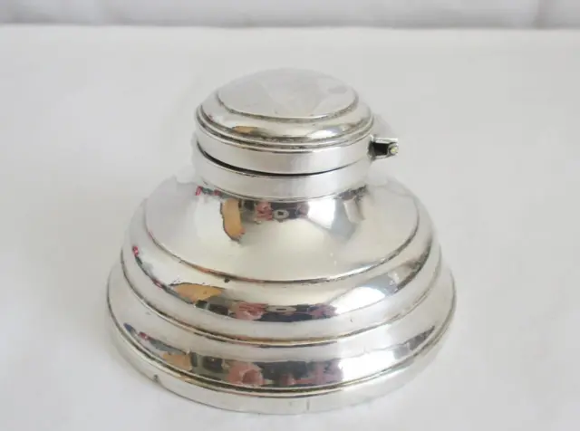 ANTIQUE SILVER INKWELL HINGED LID WITH LINER H/MARK 1915 Napper & Davenport