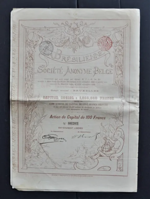 Brazil / Belgium - The Brazilian Co. - 1898 - share for 100 francs  -DECO-