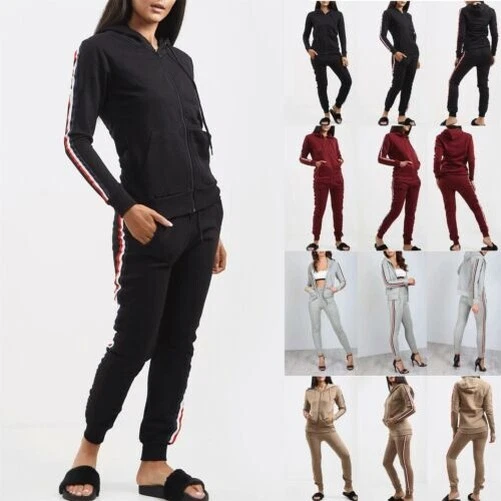 Donna Tuta Felpa con Cappuccio Lato Righe Riposo Maglia Pantaloni Sportivi Abiti