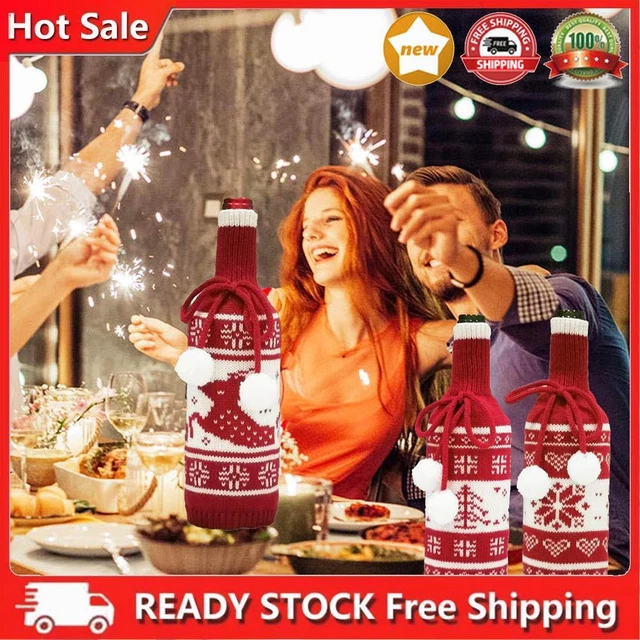 Knitted Wine Bottle Bag Ornaments Soft Bottle Holder Cover Christmas Decorations