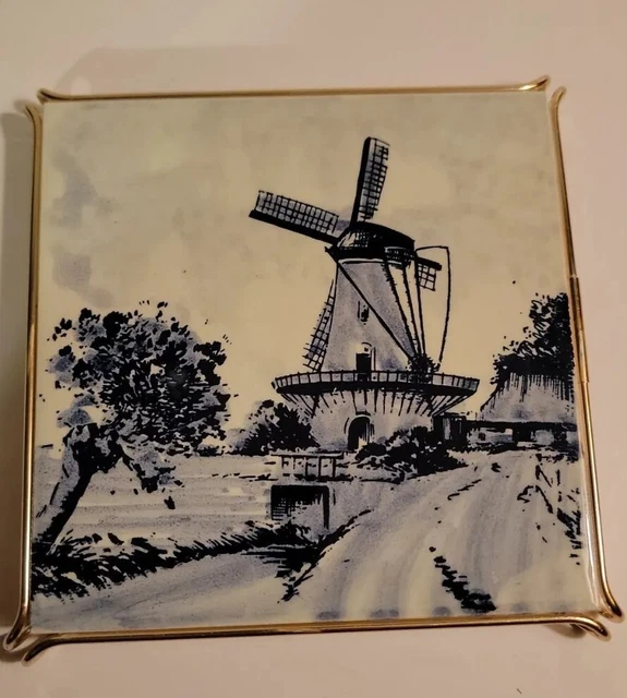 Vintage Blue White Dp Delft Dutch Tile Trivet Signed Windmill Gold Metal Frame