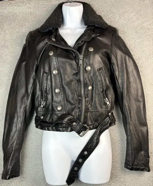 FREE PEOPLE Moto Jacket Medium Black Faux Leather Biker Style Womens quilted