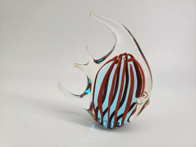 Art Glass Angle Fish Paper Weight, 4"tall, Red & Blue in Clear Glass