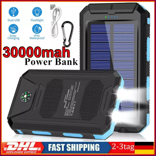 Tragbare Solar Power Bank 30000mAh für Handy Externes Ladegerät Powerbank Neu