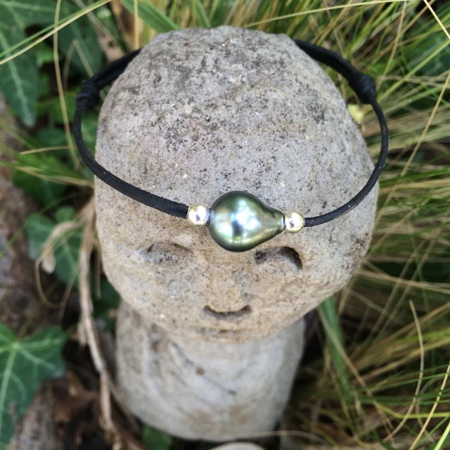 Perle de tahiti sur cuir bracelet adaptable en taille