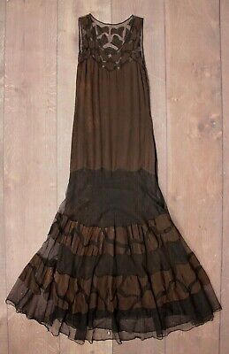 VTG Women's 30s Black & Brown Rayon Dress 1930s Long Gown Sheer Panel Sz XS/S