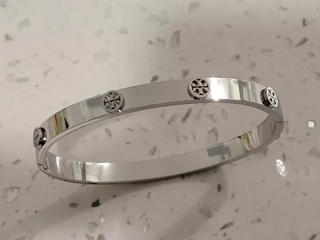 Tory Burch Women's Silver Tone logo  Bangle/ Bracelet size 7 With Logo