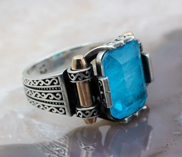 Bague pour homme Paraiba faite à la main en argent sterling 925 avec...
