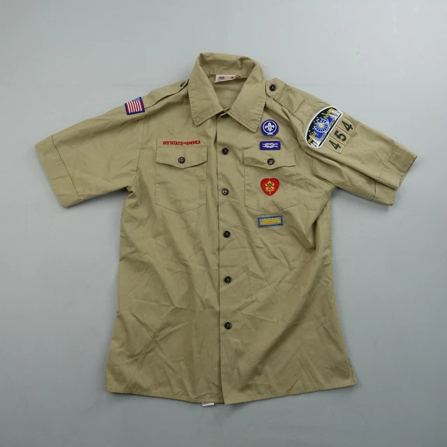 Boy Scouts Of America Boys Youth XL Uniform Short Sleeve Shirt Khaki Tan Patches
