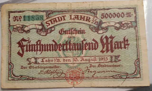 altes Geld, Gutschein Stadt Lahr 500.000 Mark  von 1923