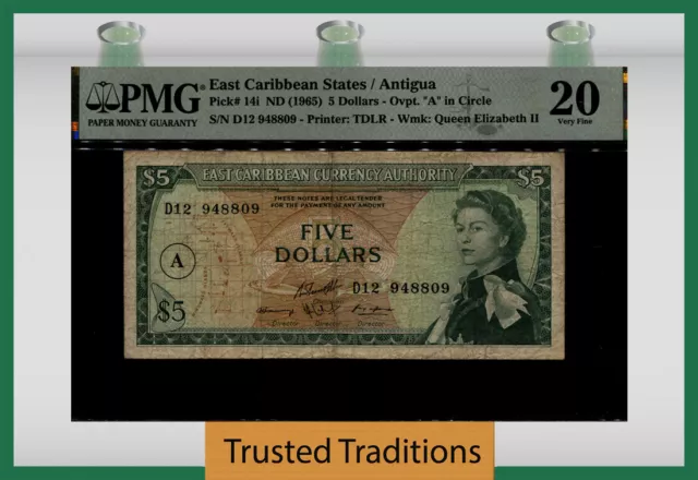 TT PK 14i ND (1965) EAST CARIBBEAN STATES ANTIGUA 5 DOLLARS PMG 20 VERY FINE