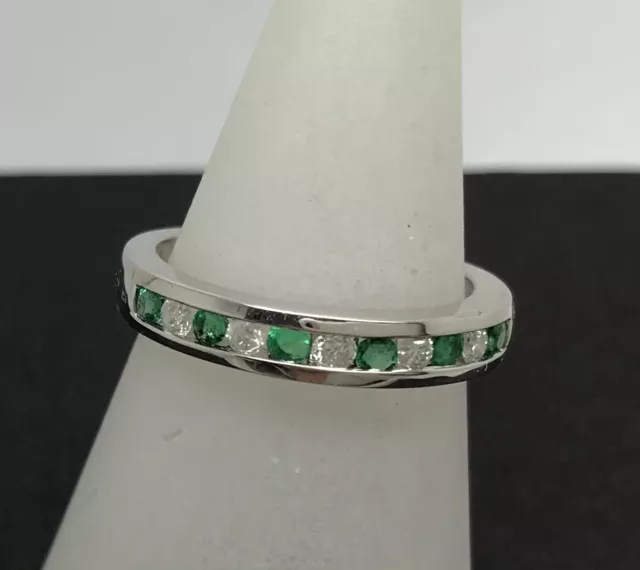 emerald and diamond half eternity ring 9ct gold size M, channel, new