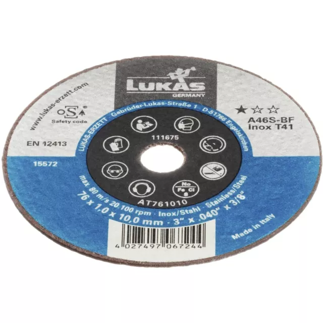 50x Lukas Disco de Corte T41 para Acero Inox. 76x1 MM Recto Perforación 6MM 2