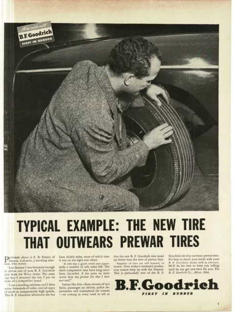 1946 B.F. Goodrich Silvertown Tire man examines tires Vintage Print Ad