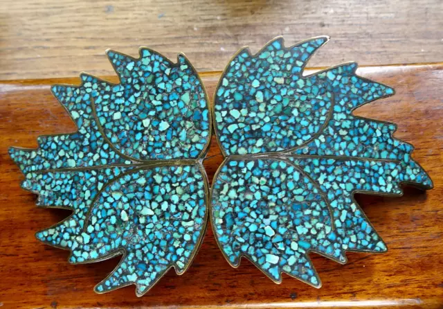 antique art deco BIG turquoise mosaic inlay brass double leaf belt buckle -K143