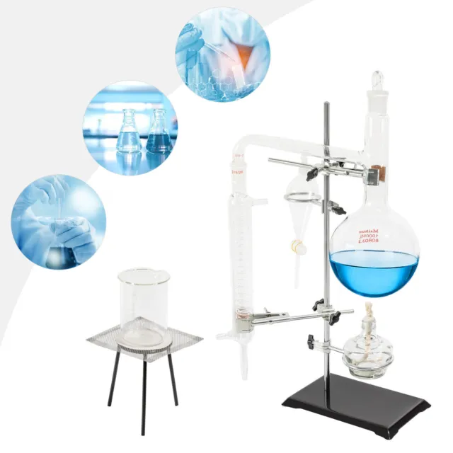 Lab Glassware Kit Distillation Apparatus Condenser Pipe Flask Oil 1000ml New