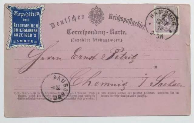 (X38) DR 32 EF auf Postkarte Hamburg 12.7.1876 nach Chemnitz, Vignette