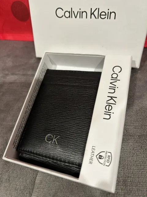 Calvin Klein Black Magnetic Bi-Fold Card Holder Wallet Genuine Leather CK Logo