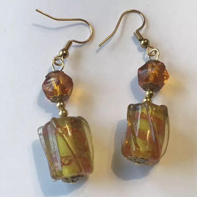 New Vintage Topaz Foil Glass Bead Pierced Dangling Earrings