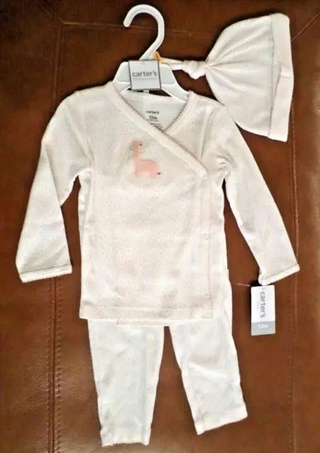 Carter's Baby Girls 3 Pc Set Top/Pants/Hat Heart Print/Giraffe White/Pink 9 Mo