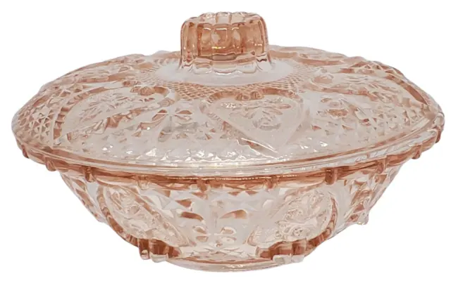 KIG Vintage Pink Depression Glass Candy Dish w/Lid "Roses in Hearts" Malaysia