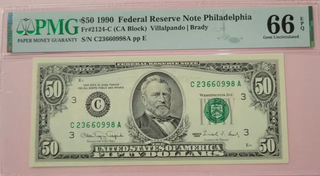 1990 $50 Fr#2124-C  Federal Reserve Note Philadelphia PMG 66EPQ Gem Uncirculated