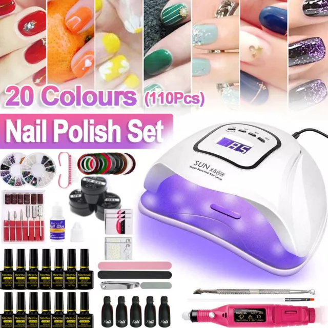 Gel Nail Polish Kit UV Nail Lamp Soak off Gel Set Tips Grinder 110Pcs 20 Colours