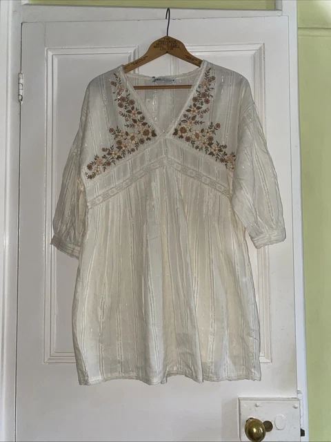 ZARA FLORAL EMBROIDERED Lace Mini Dress Glitter Ivory V-Neck 3/4 Sleeve S  BNWT 22.02 - PicClick UK