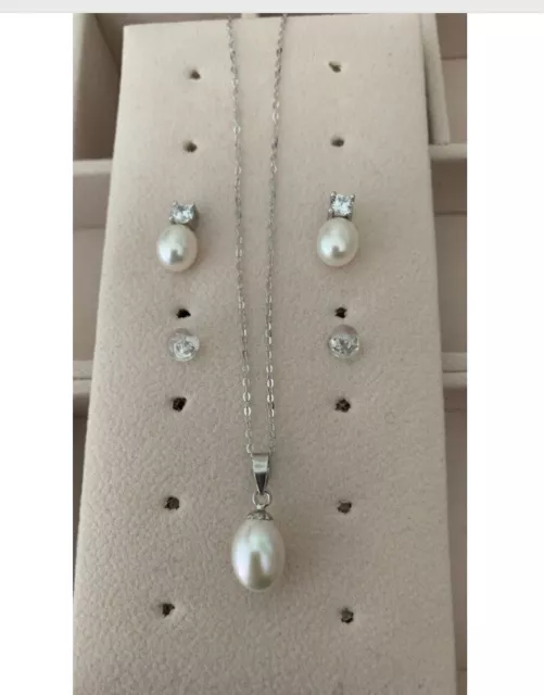 Real Pearl Jewellery Set, Genuine Ivory Pearls Teardrop Earrings &Necklace 7-9mm