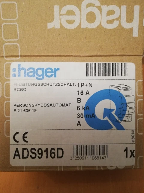 Hager FI-LS Schalter B-16A 30MA  ADS916D Schutzschalter FI/LS-Schalter