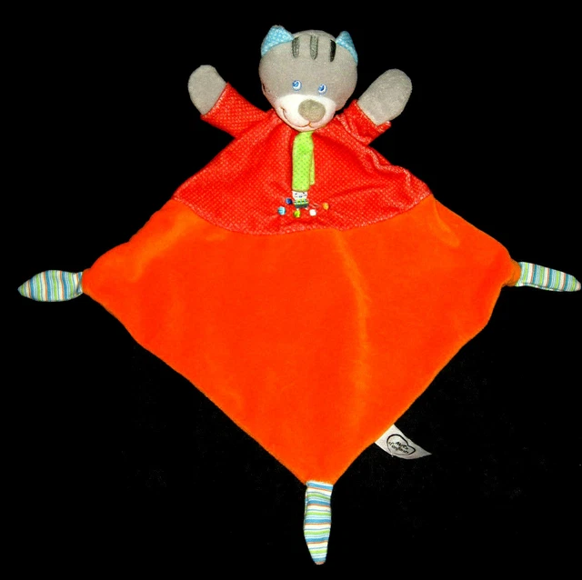 Doudou losange orange rouge à pois Chat Mots d'enfants écharpe verte brodé 47 cm