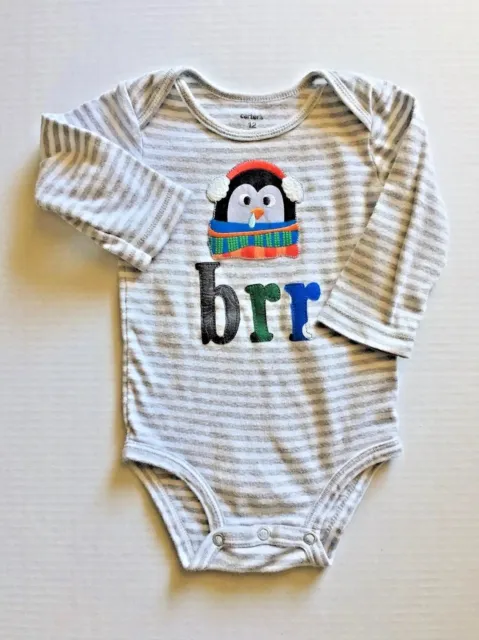 Baby boy ls one piece, Carters, size 12M, gray/white stripe, added penguin & brr
