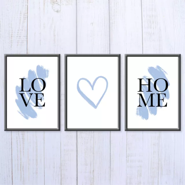 LOVE HOME Wall Art Print A4 Blue Home Decor Inspirational Motivational Set of 3