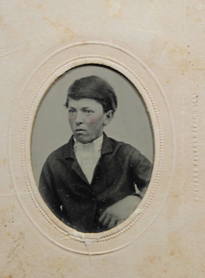c1860s Tintype Serious Young Man Boy W Tinted Cheeks In CDV Paper Case D4236