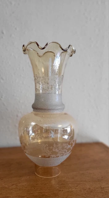 Vintage Frosted Scalloped Ruffled Edge Tall Glass Hurricane Oil Lamp Shade Amber
