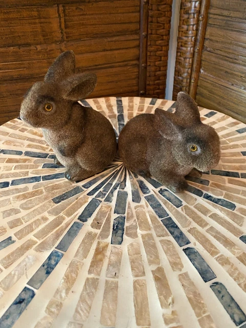 Vintage Pair Of Inarco Japan Fuzzy Flocked Brown And Tan Rabbit Figurines
