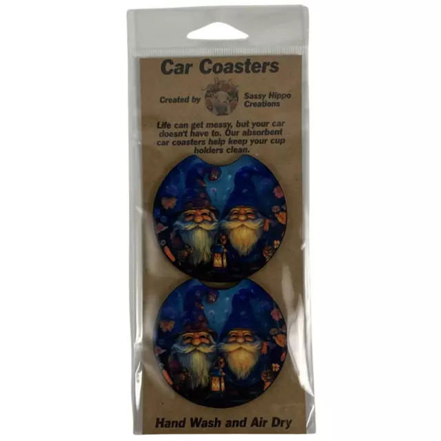 Car Coasters Colorful Gnomes Lantern Flowers Set of 2 Neoprene Absorbent